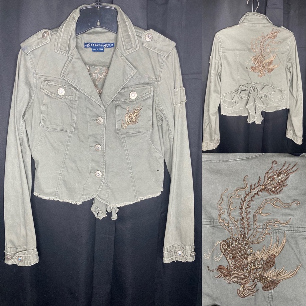 Distressed army green utility jacket with fishtail detail size M like new!!